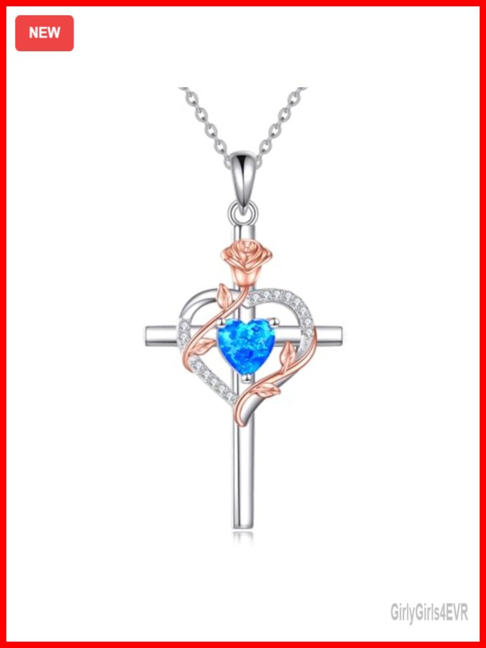 Sterling Silver Rose Cross Necklace Opal Pendant 18+15" Chain Lobster Clasp